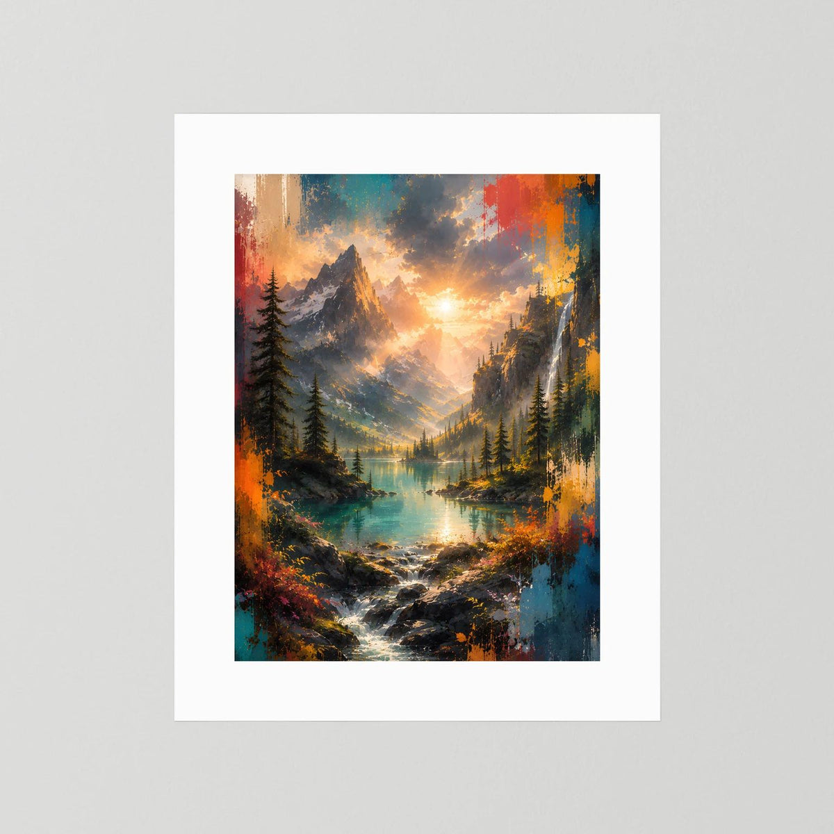 Hochformat-Wandbild mit weißem Passepartout und farbenfroher Berglandschaft