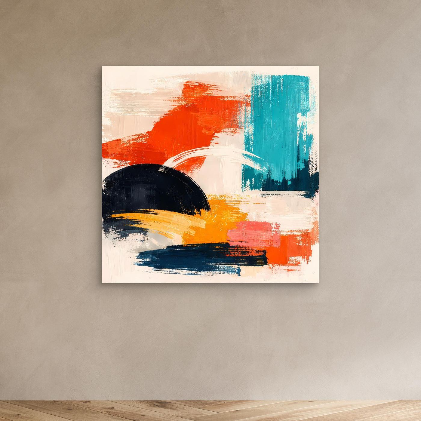 Abstraktes Leinwandbild mit orangefarbenen, türkisfarbenen und schwarzen Farbflächen