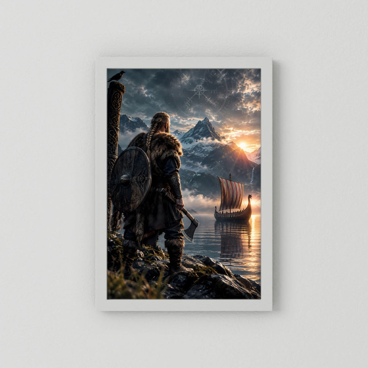 Fantasy-Poster Hochformat ohne Rahmen: Wikingerkrieger mit Schild, Langschiff im Fjord