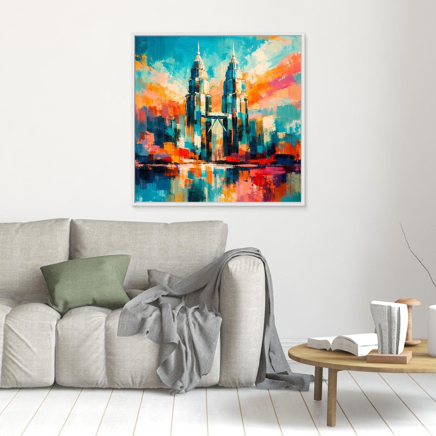 Leinwand-Wandbild mit farbigem abstraktem Türmepaar und Spiegelung, weiß gerahmt