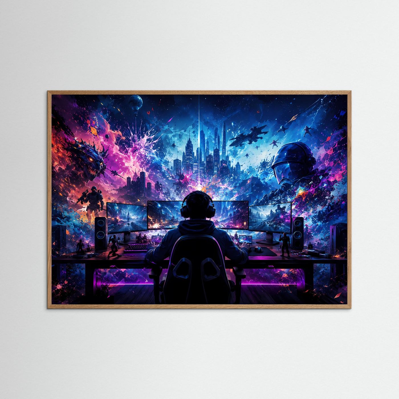 Gaming World Neon Blau & Pink | Futuristische Gamer Wandkunst