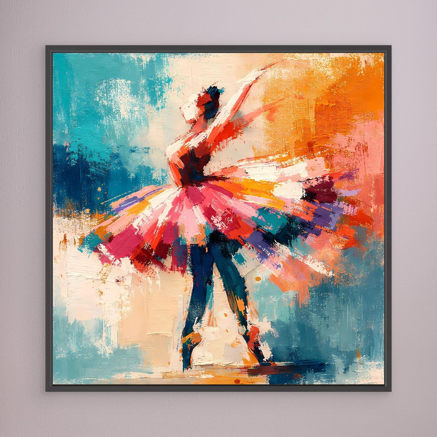 Black-framed abstract ballerina wall art, dancer pose in red, blue, orange paint strokes.