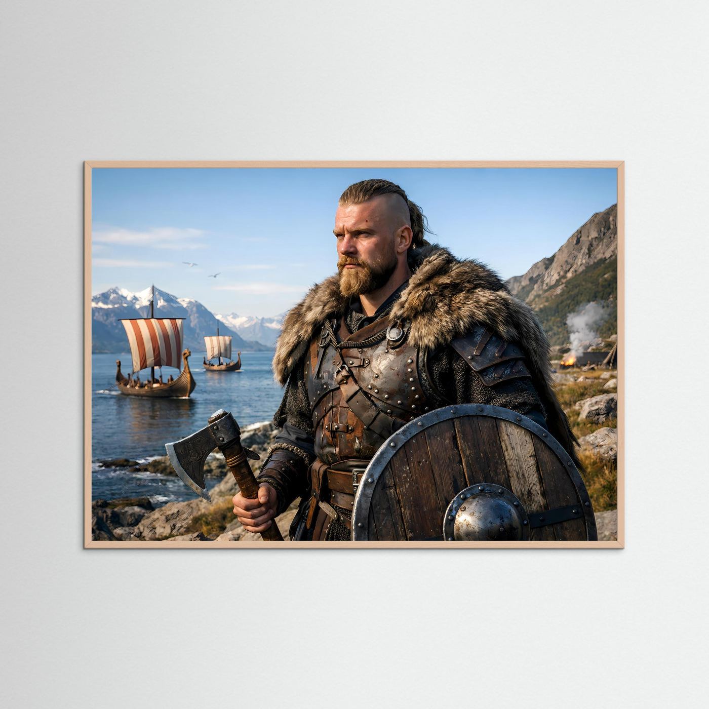Poster mit Wikinger-Krieger mit Schild und Axt sowie Drachenbooten im Holzrahmen