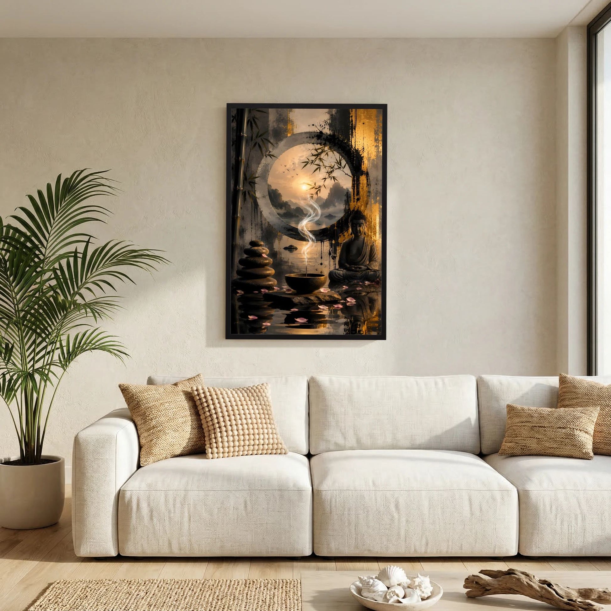 Zen-Poster im Rahmen über Sofa: sitzender Buddha, Rauch und warmes Kreis-Motiv