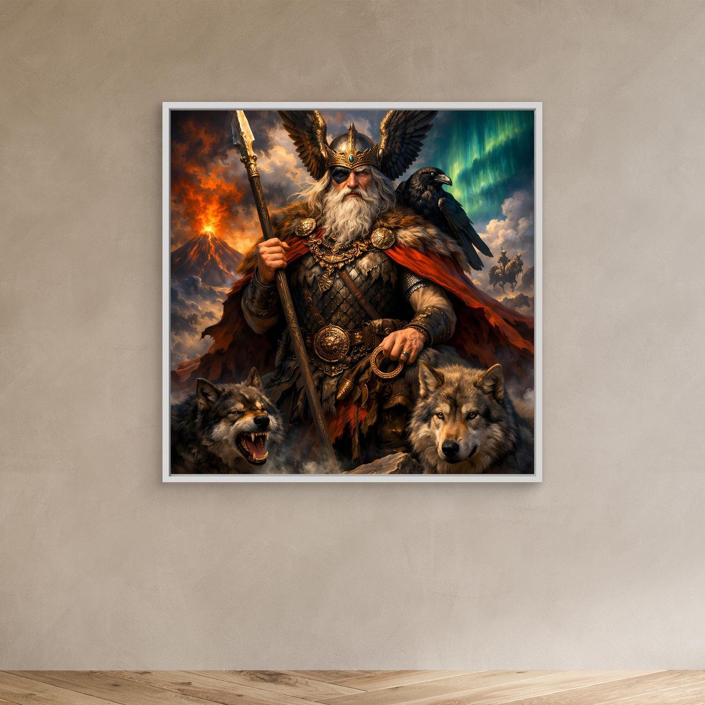 Leinwand Göttervater Odin mit Wölfen und Rabe | Mythologisches Wikinger Wandbild