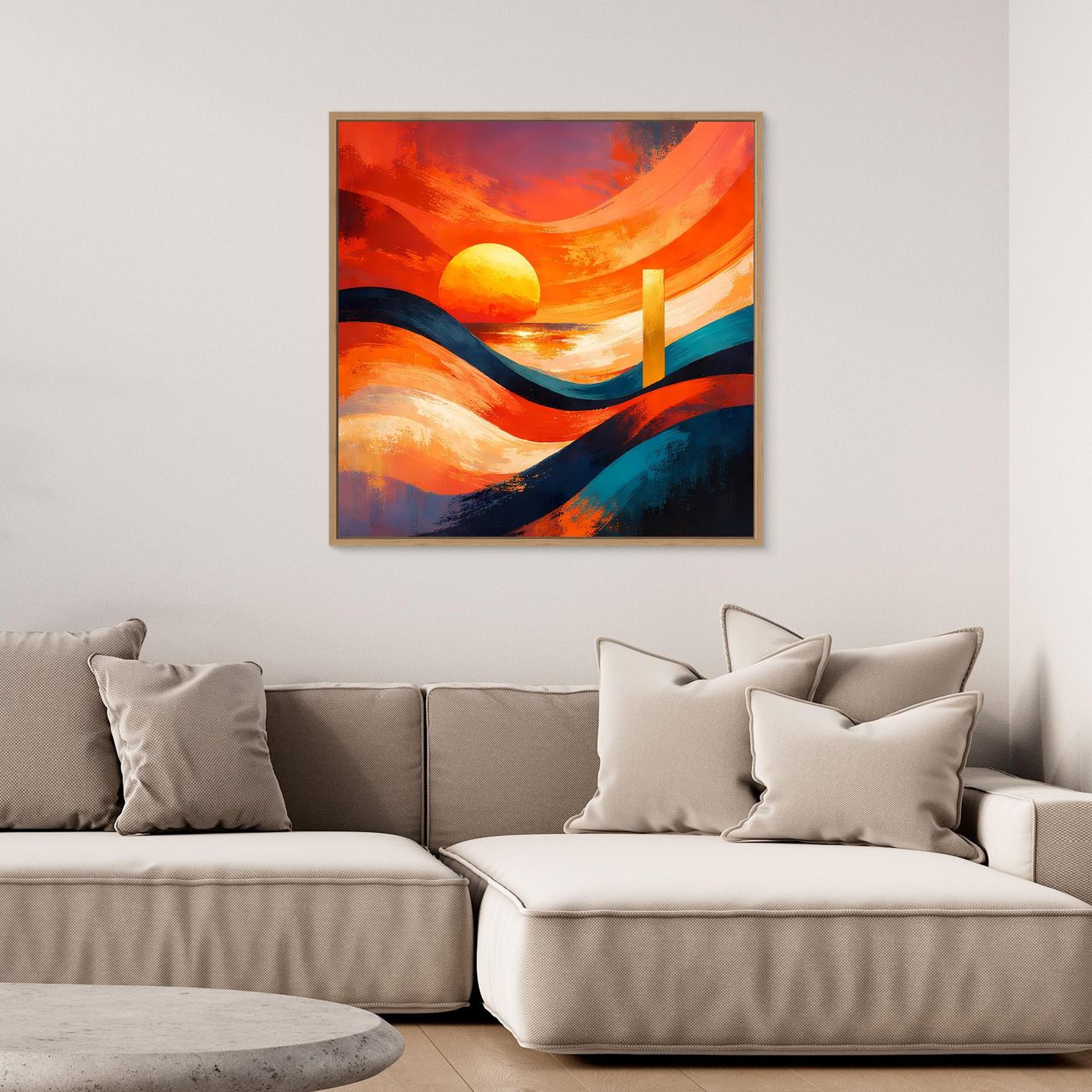 Leinwandbild abstraktes Meer mit orangeblauem Sonnenuntergang und Holzrahmen