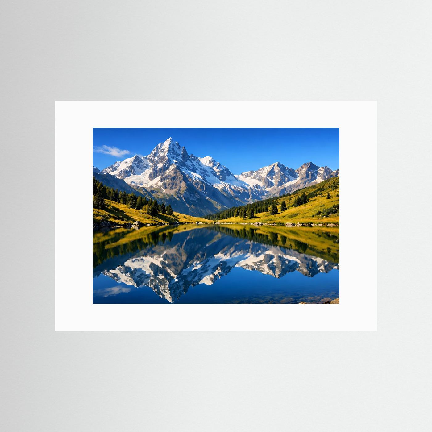 Panorama-Bergposter im Querformat mit Alpen und spiegelndem See, im weißen Passepartout