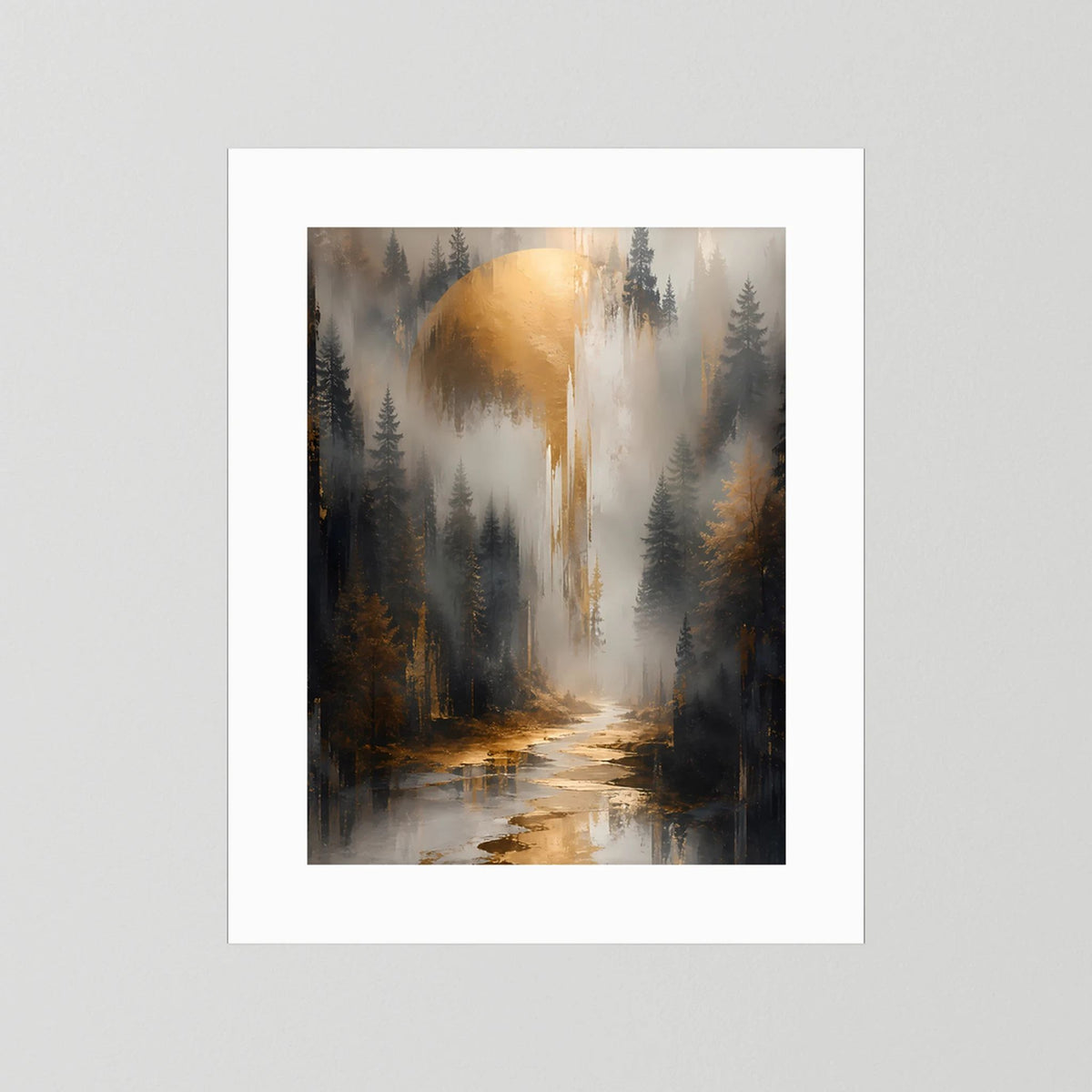 Hochformat-Poster mit weißem Passepartout, nebliger Waldweg und goldene Lichtöffnung