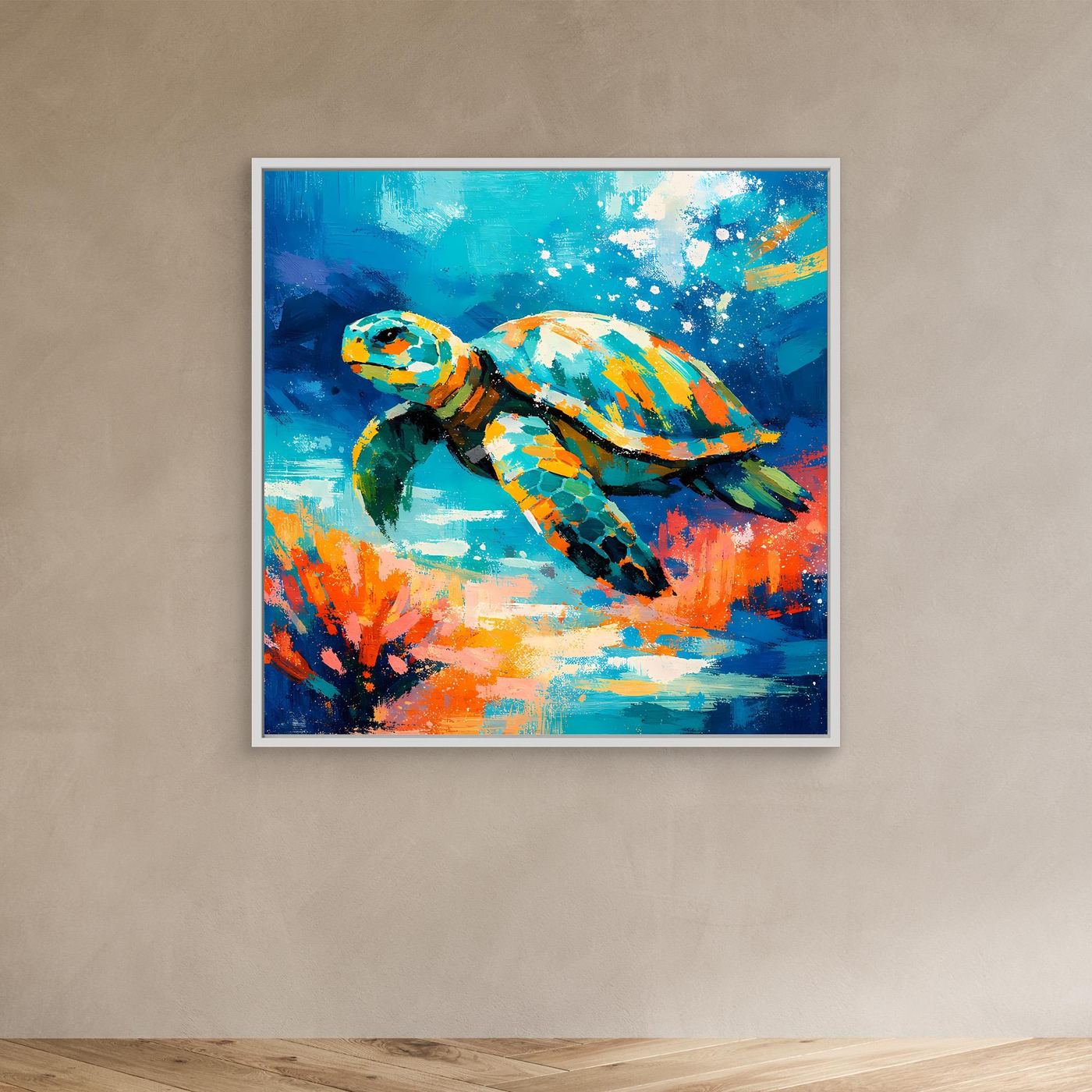 Leinwand-Wandbild mit Meeresschildkröte in bunten Farben, weißer Rahmen