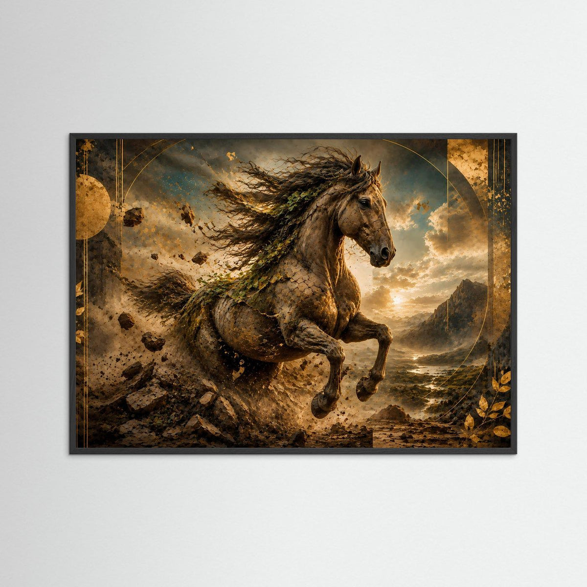 Querformat-Poster: galoppierendes Pferd mit braunem Fell und grünen Akzenten, goldene Landschaft.