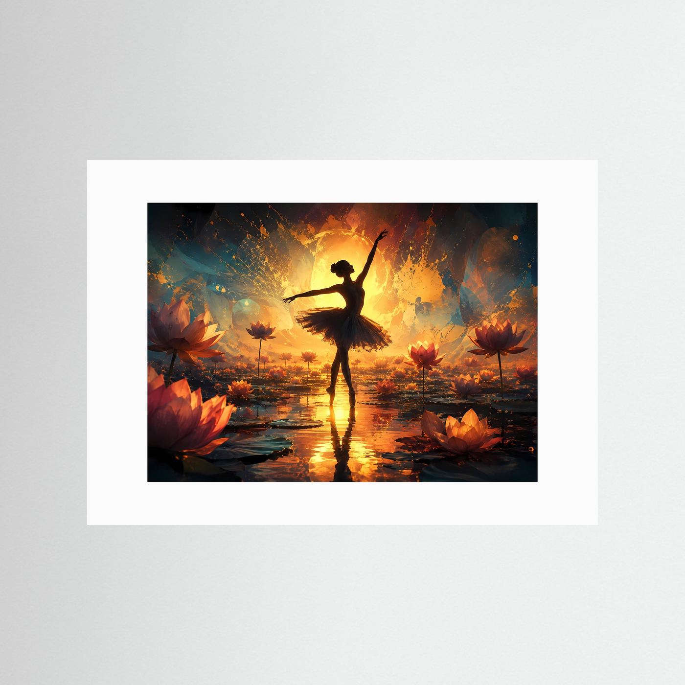 Ballerina Lotus Poster | Tänzerin Silhouette bei Sonnenuntergang | Spirituelle Wandkunst | Abstrakte Lotusblüten | Moderne Fine Art | Premium Wandbild