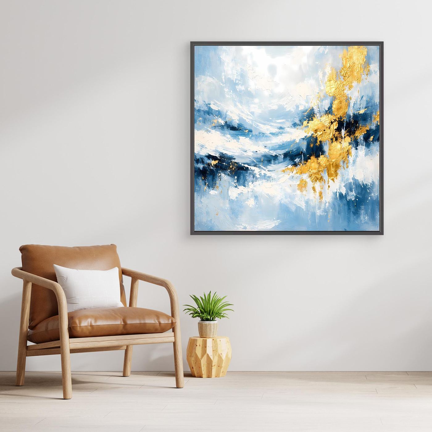 Abstraktes Leinwand-Wandbild mit Meerlandschaft in Türkis und goldfarbenen Akzenten, schwarzer Rahmen