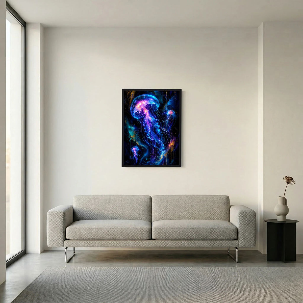 Wandposter mit leuchtenden Quallen in Neonblau und Violett, schwarzer Rahmen