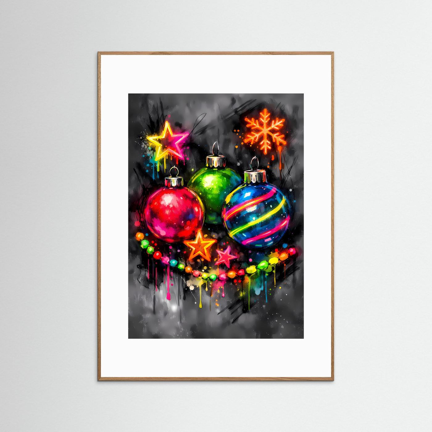 Die Magie des Festes | Neon Weihnachtskugeln Poster in bunten Farben | Abstraktes Kunstposter Hochformat