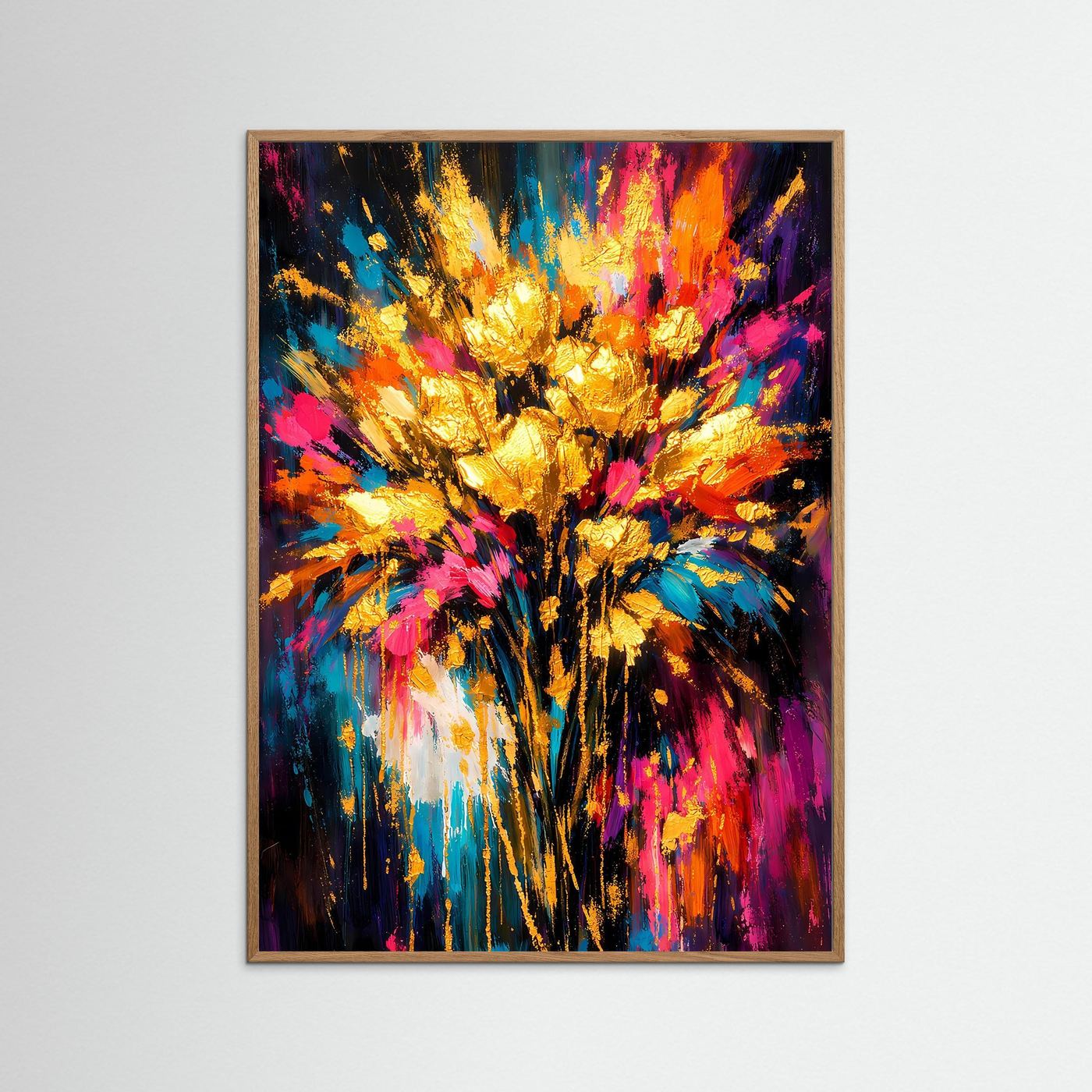 Blumenstrauß-Poster mit abstraktem Farbexplosionsmotiv und goldener Strahlwirkung, heller Eichenrahmen