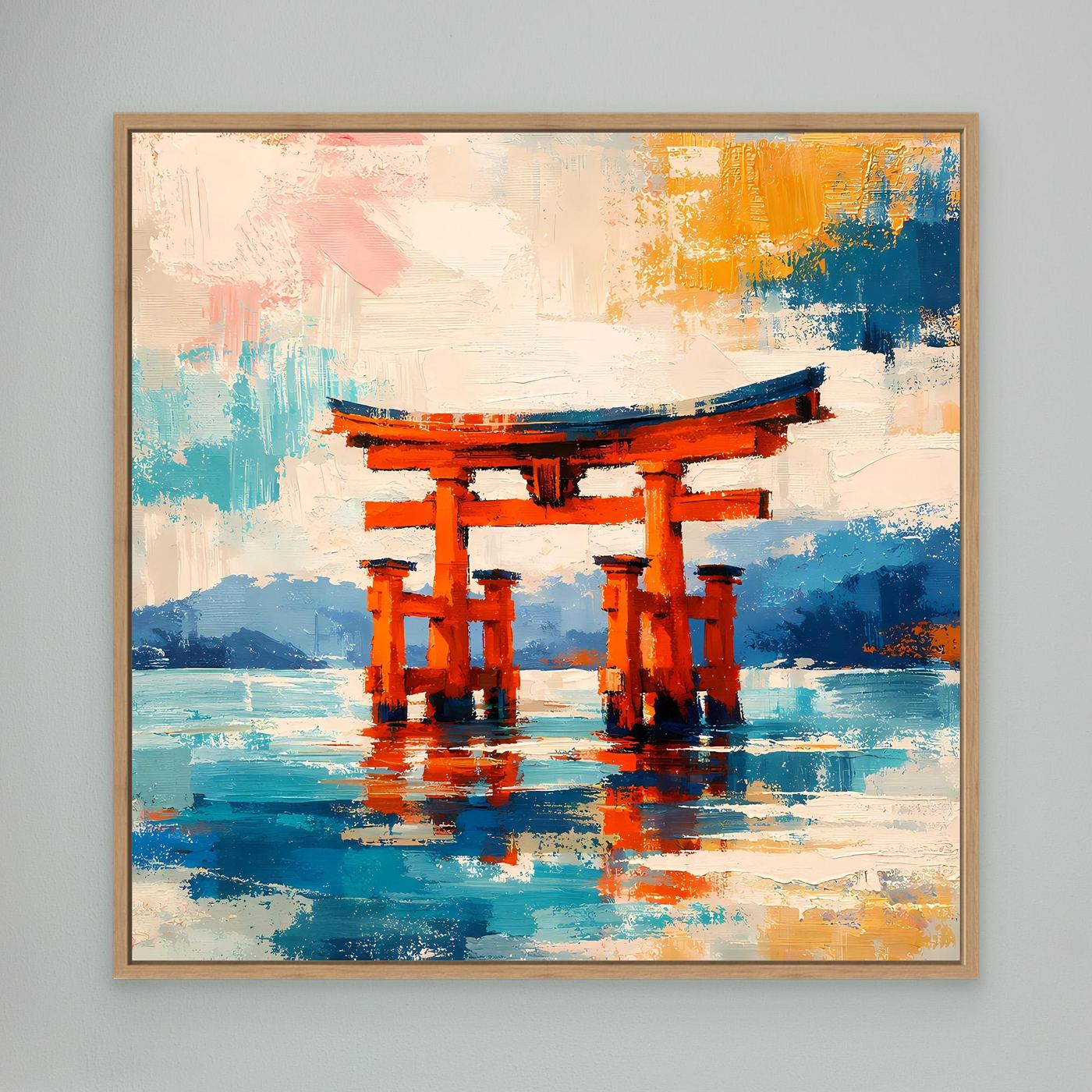 Leinwandbild Japanisches Torii-Tor im Meer | Abstraktes Kultur Wandbild auf echtem Holzkeilrahmen