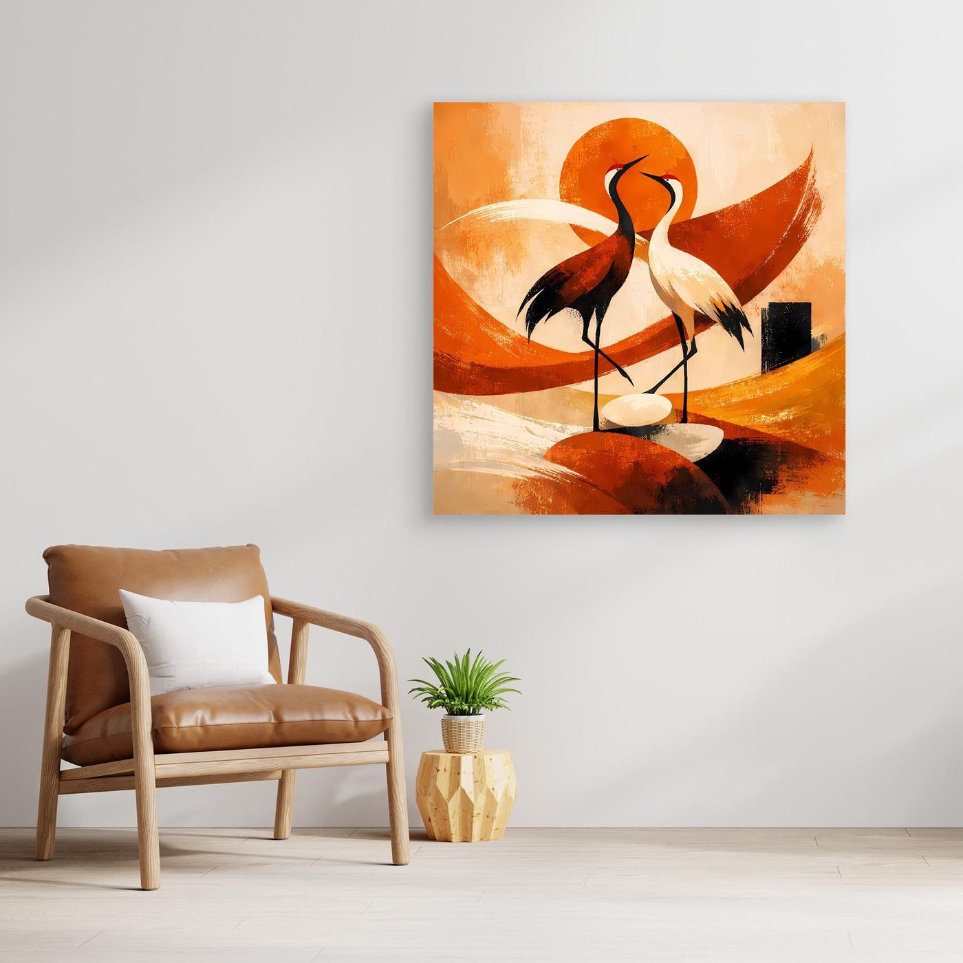 Leinwandbild mit Kranichen auf orangefarbenem Sonnenhintergrund