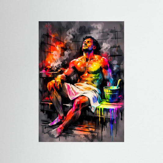 Die Kunst der Entspannung | Neon Sauna Poster mit männlicher Silhouette & Regenbogen-Farben | Abstraktes Pop-Art Kunstposter Hochformat