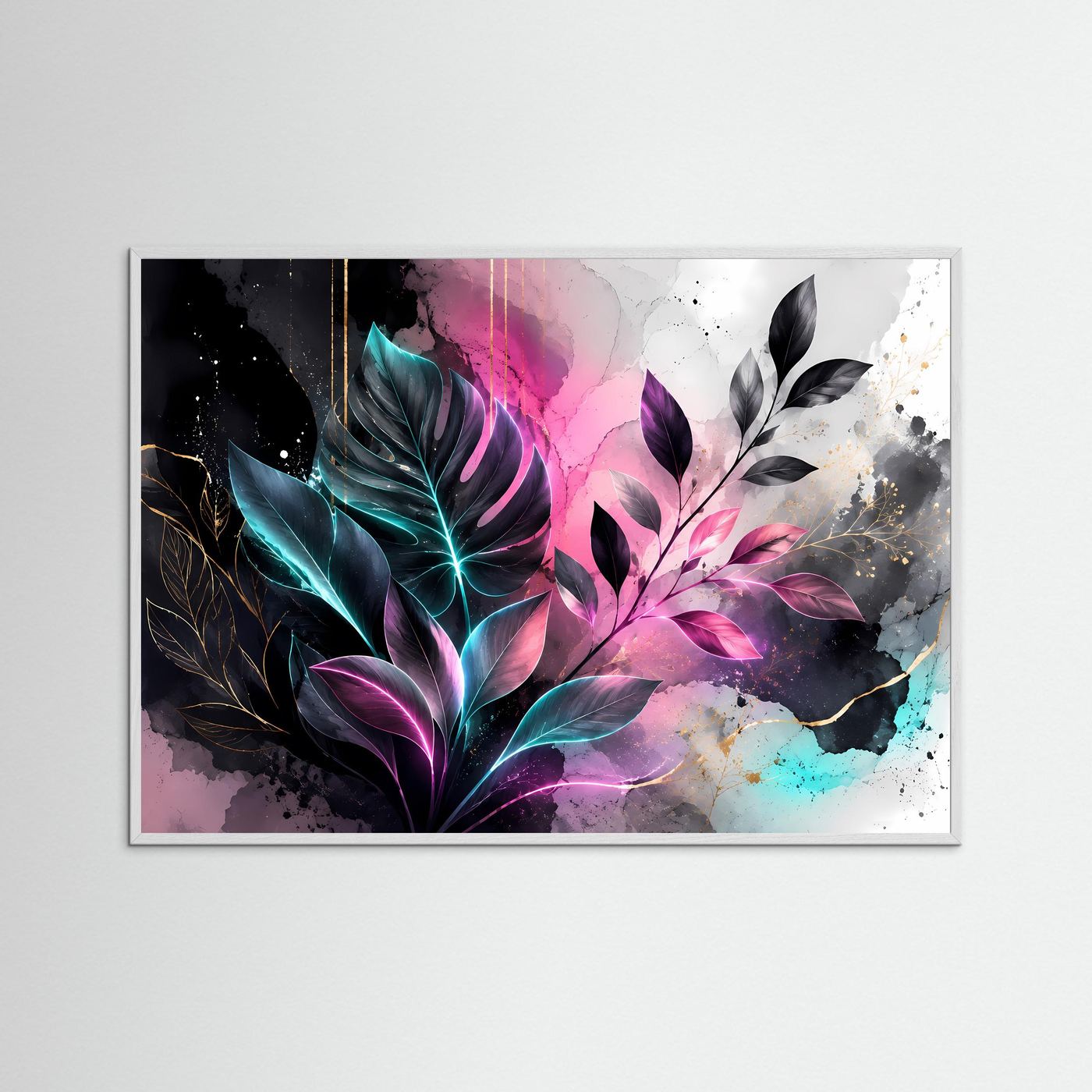 Botanische Neon Wandkunst | Monstera Blätter Poster | Abstrakte Pflanzen Kunst | Modernes Leinwandbild | Schwarz Pink Türkis Wall Art