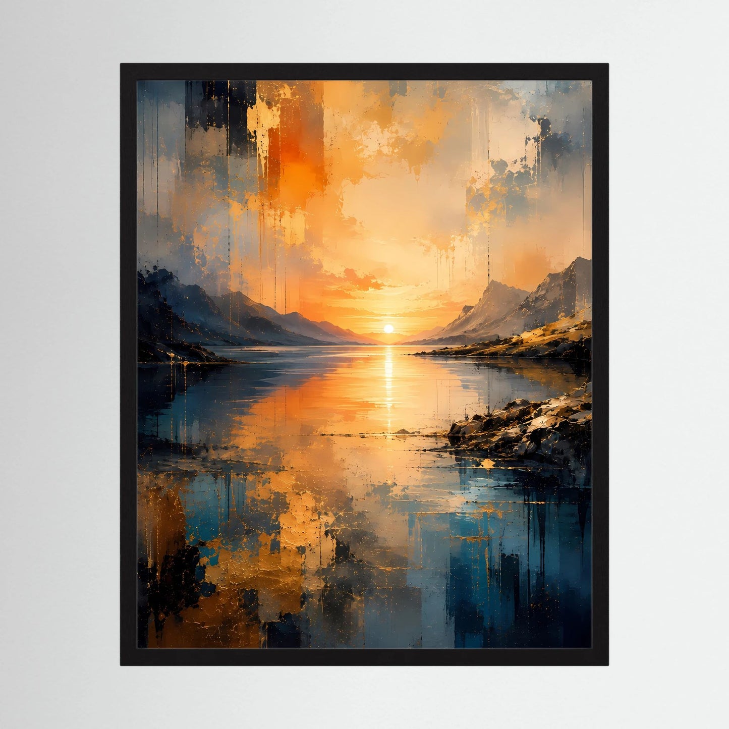 Gerahmtes Poster im Hochformat mit abstrakter Berglandschaft und ruhigem See bei Sonnenaufgang
