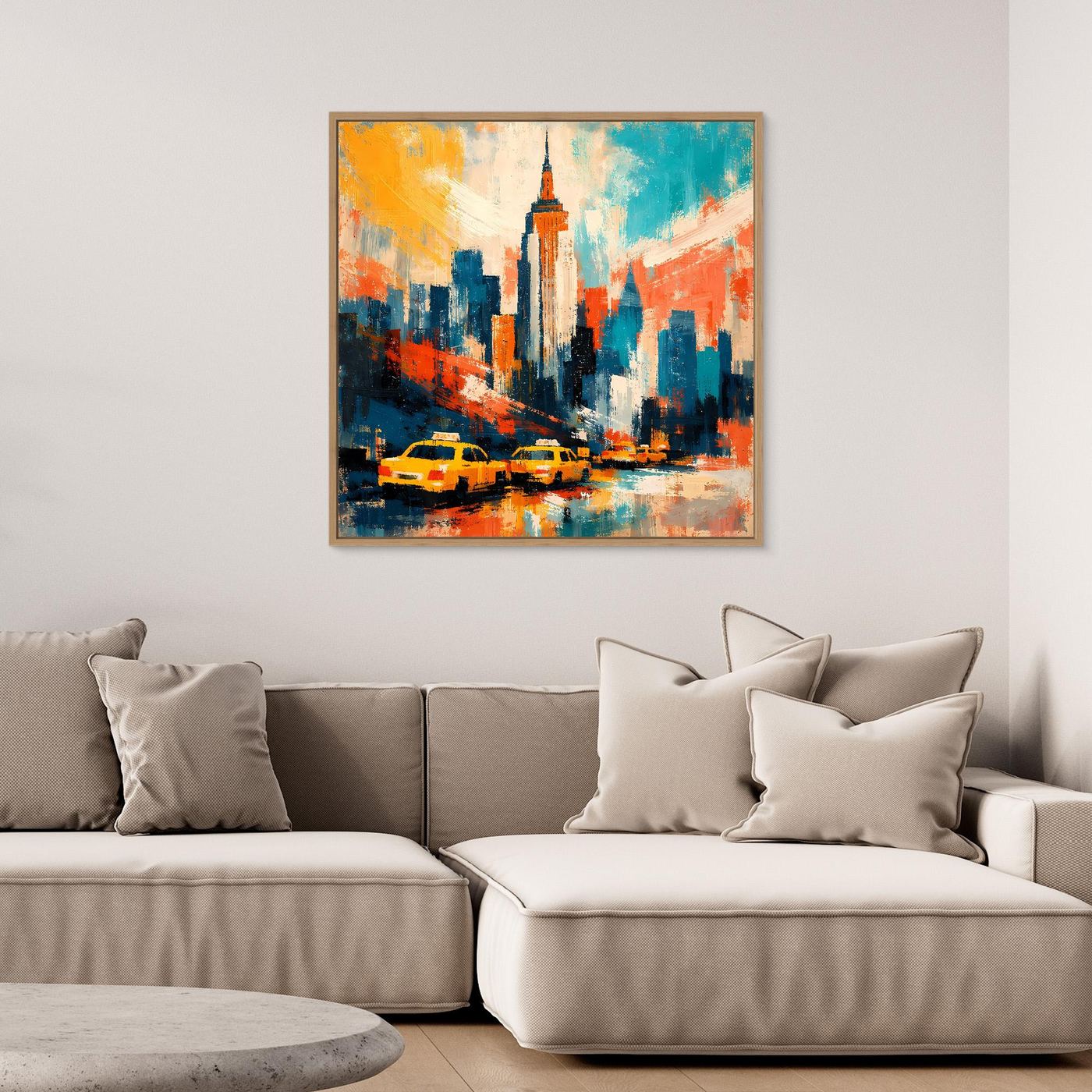 Abstraktes Leinwand-Wandbild mit New-York-Skyline und gelben Taxis, quadratisch im Holzrahmen