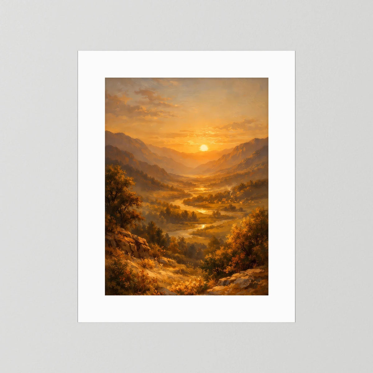 Hochformatiges Poster mit Berglandschaft im goldenen Abendlicht, weißer Rahmen
