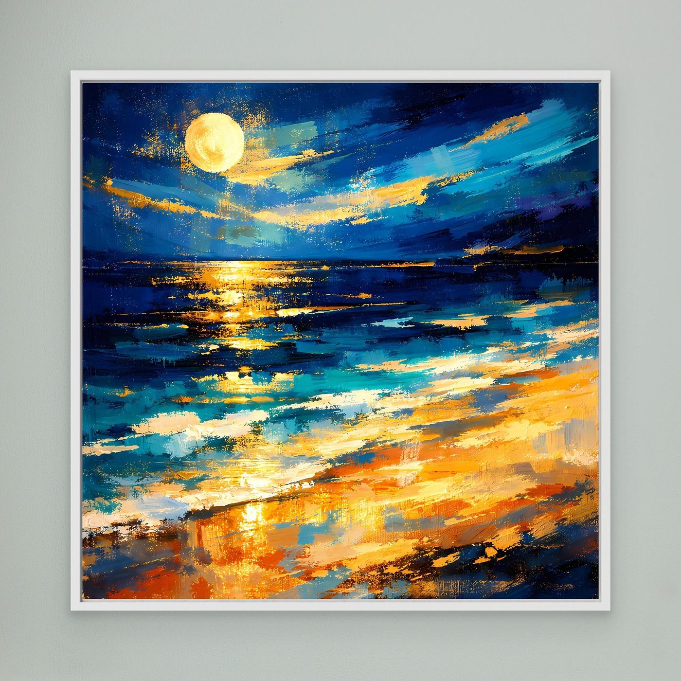 Leinwandbild: leuchtender Vollmond über abstraktem Meer, Blau-Gold, weißer Rahmen