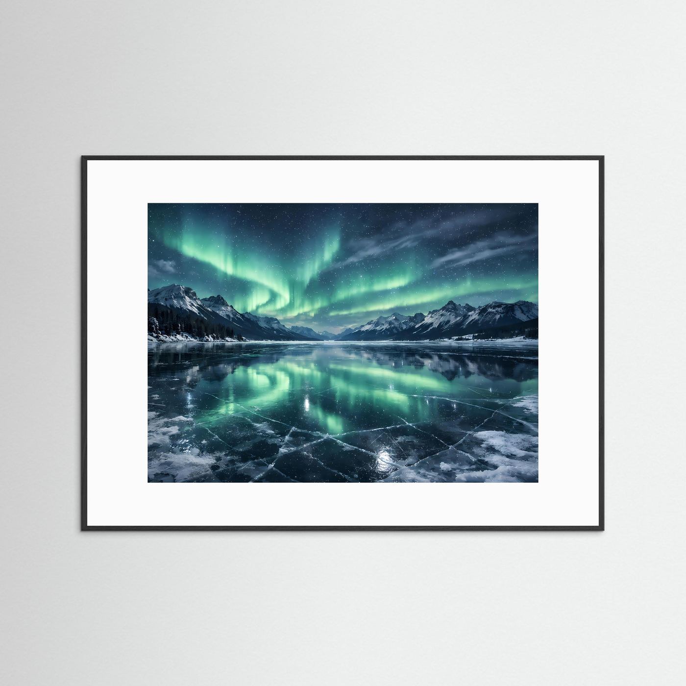 Magisches Nordlicht über dem Eissee | Panorama Aurora & Winter Poster Querformat