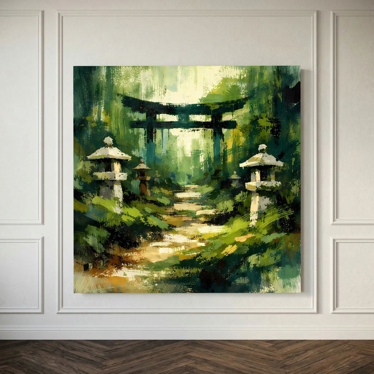 Leinwandbild mit Torii-Tor und beleuchtetem Waldweg, flankiert von Steinlaternen