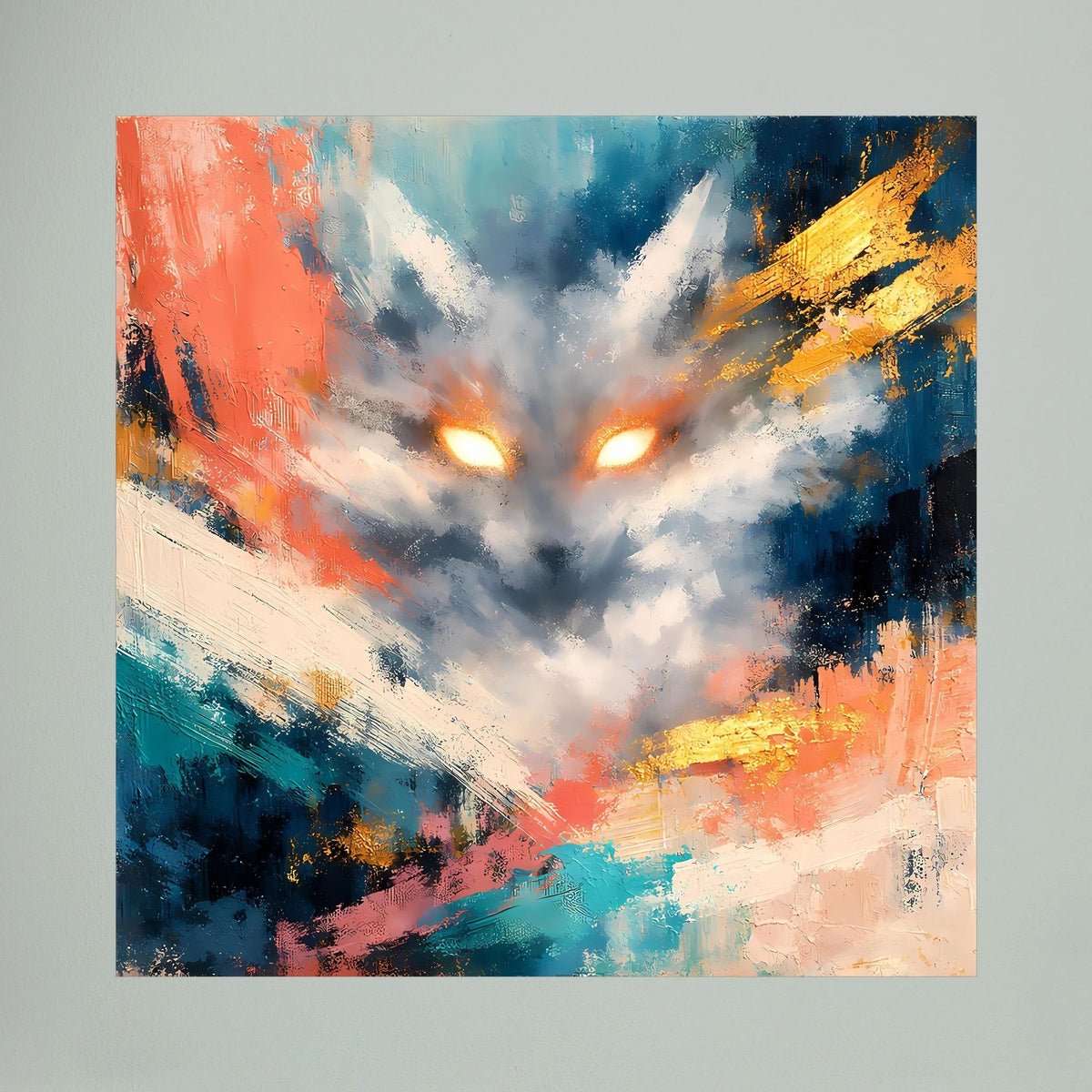 Abstraktes Fuchsgesicht auf Leinwand, leuchtende Augen, Pinselstriche in Blau, Orange, Gelb.
