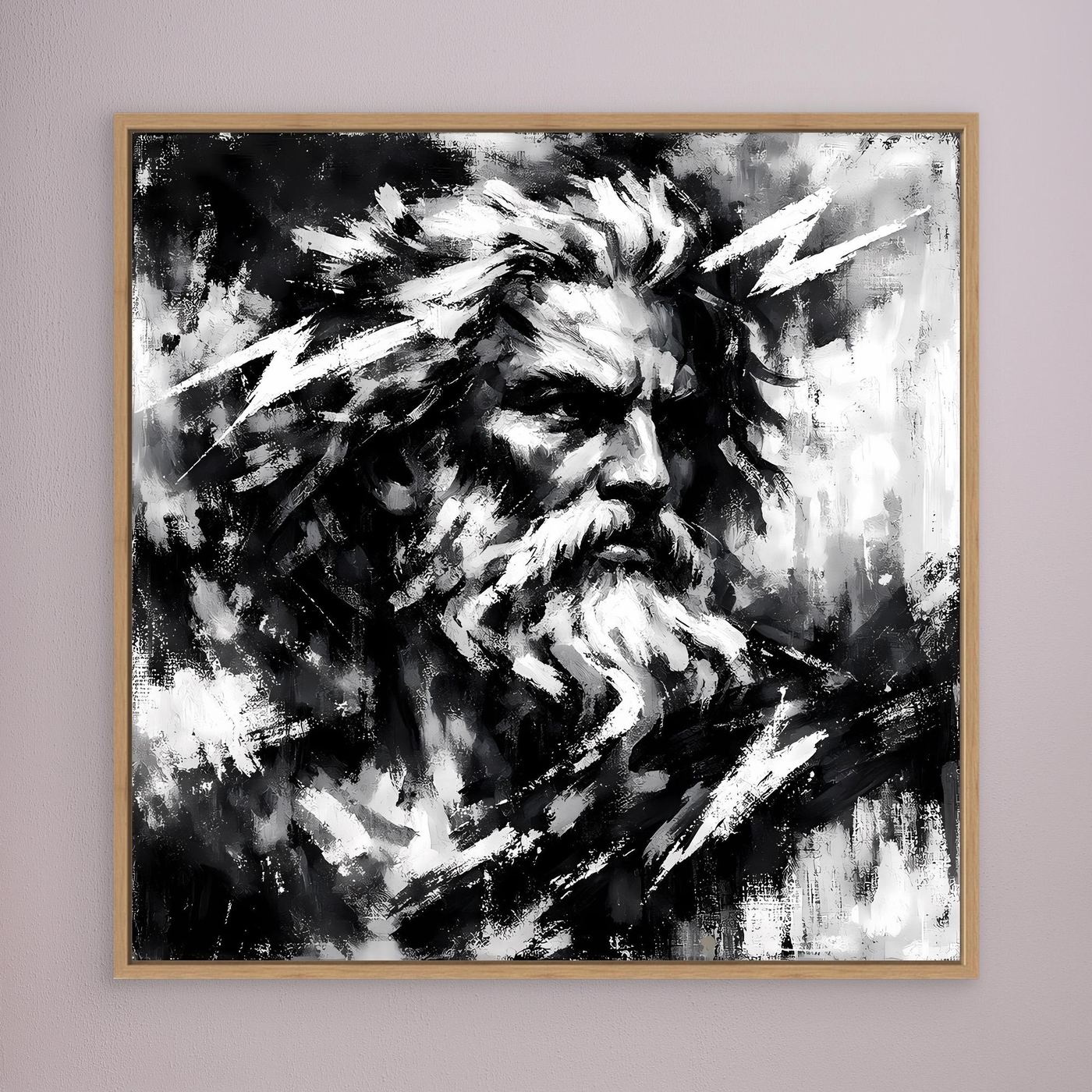 Square black-and-white abstract portrait wall art with crowned bearded face, wood frame