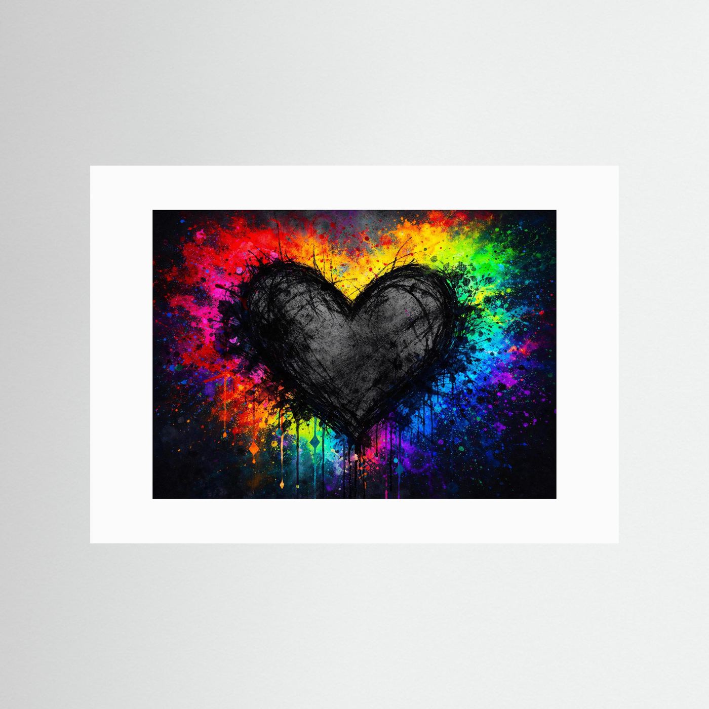 Schwarzes Grunge Herz mit Farbexplosion | Buntes Urban Street Art Wandbild & Kunst Poster Querformat