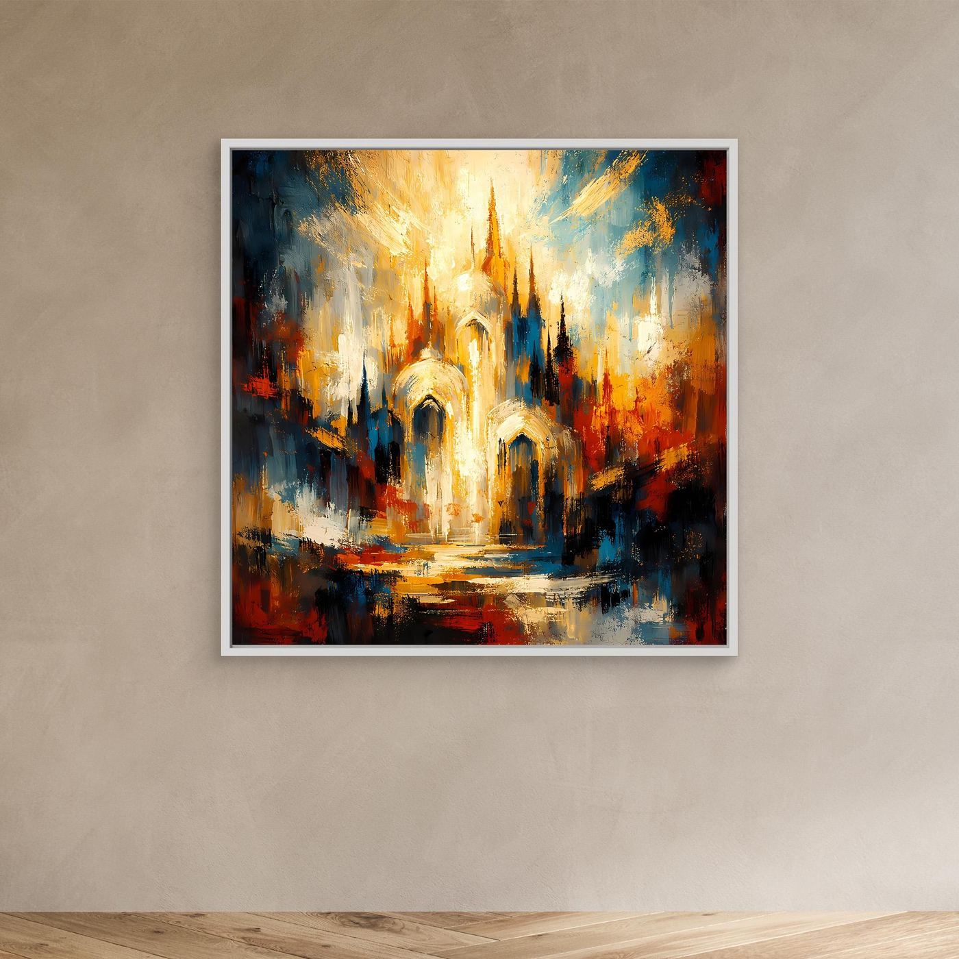 Gerahmtes Leinwandbild mit abstrakter Kathedrale, goldene Akzente, in Blau-Rot gemalt
