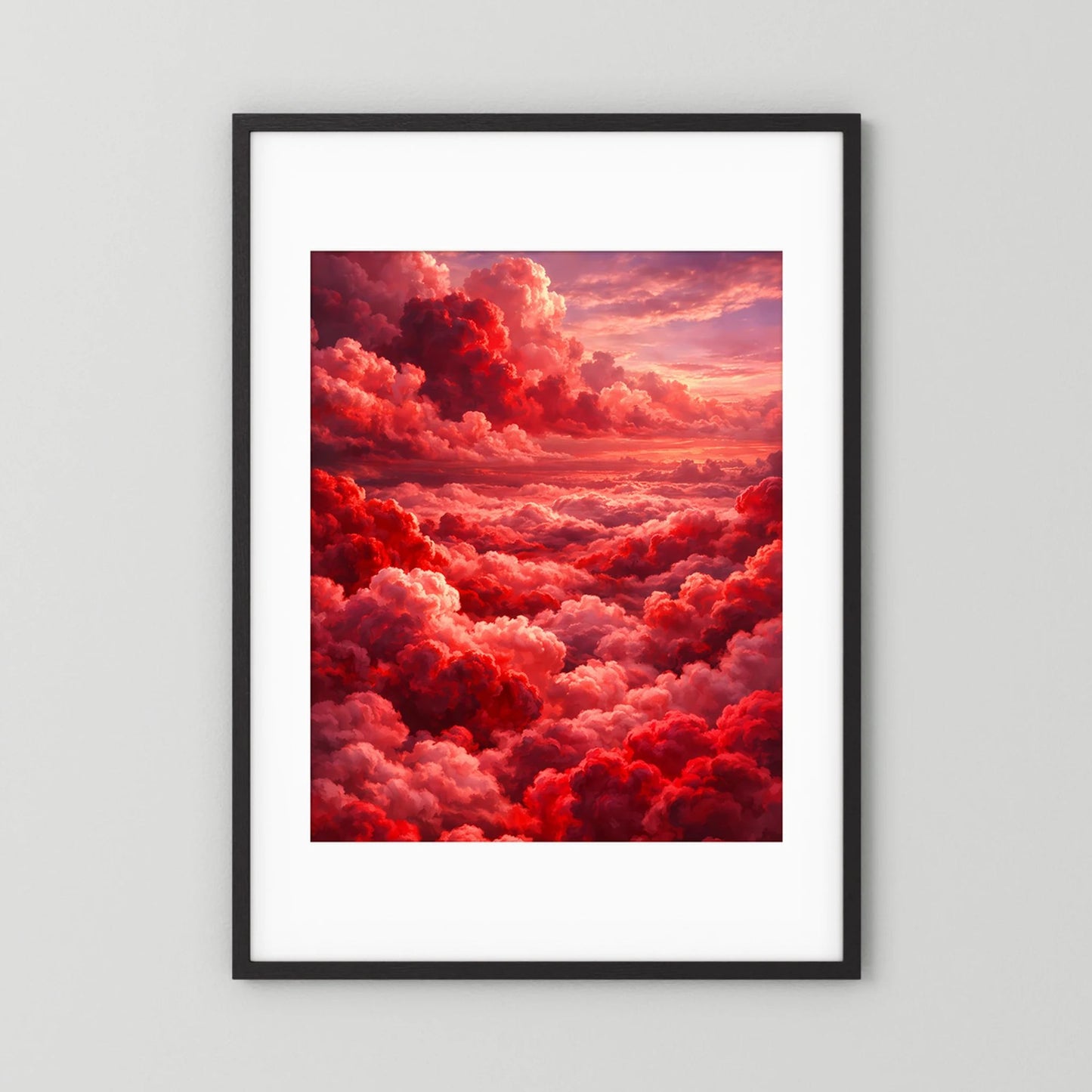 Kunstposter Hochformat mit schwarzem Rahmen und weißem Passepartout, rote Wolken