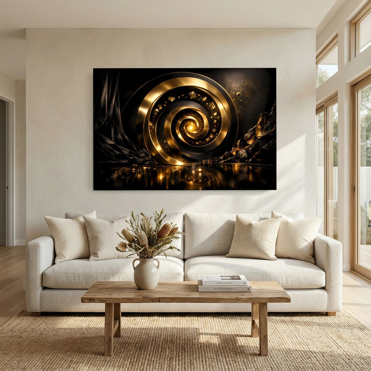 Wandbild Querformat mit goldener 3D-Spirale, dunkler Basis und goldenem Schein
