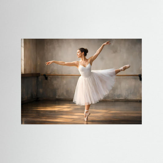 Querformat-Poster mit Ballerina im weißen Tutu, schwarzer Rahmen