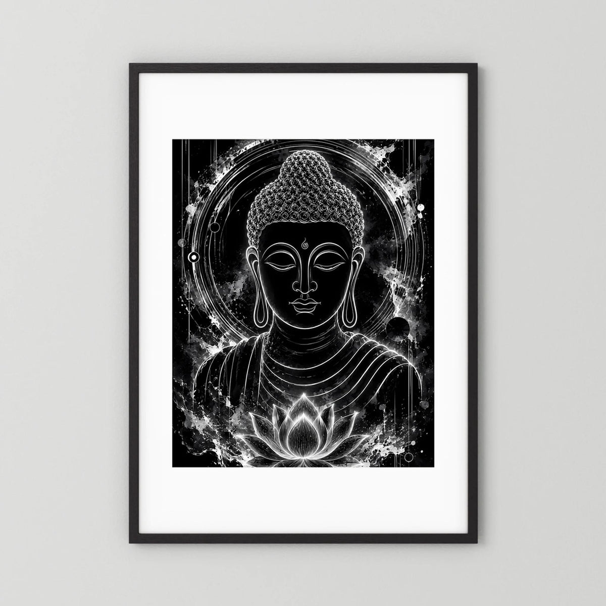 Hochformat-Poster mit Buddha-Gesicht, Lotusblüte und Lichtkreis, schwarz-weiß, schwarzer Rahmen