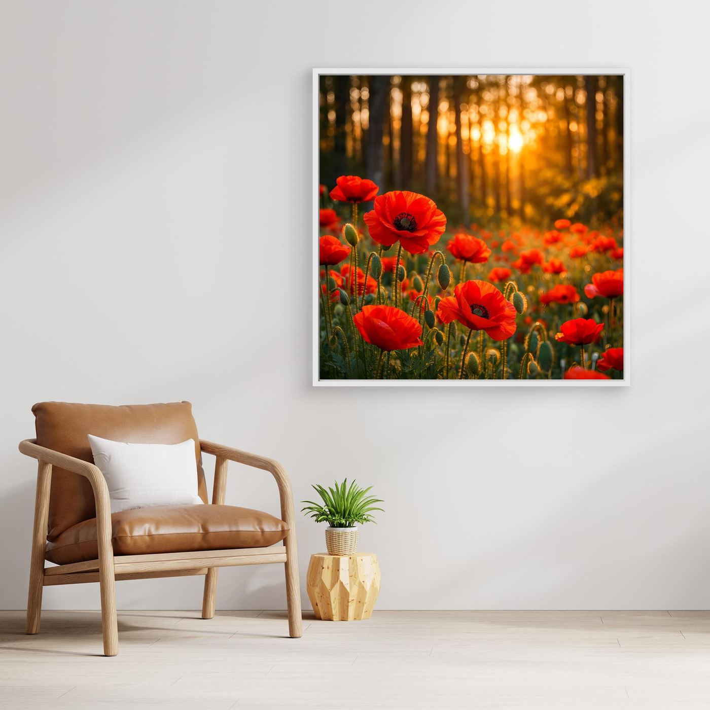Leinwandbild mit hellem Rahmen: rote Mohnblüten im Wald, warmes Abendlicht