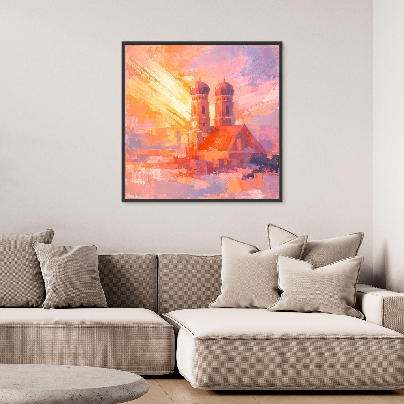 Premium Leinwand Frauenkirche München im Sonnenaufgang | Abstraktes Skyline Wandbild Bayern