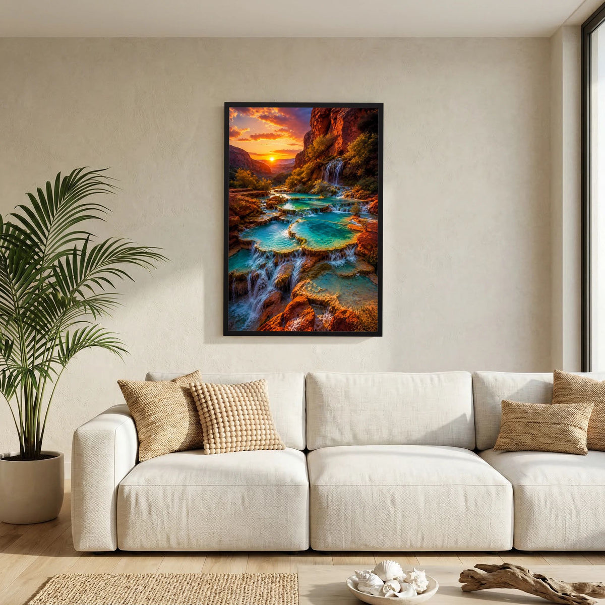 Hochformat-Poster mit schwarzem Rahmen an der Wand: Wasserfälle im Canyon bei Sonnenuntergang