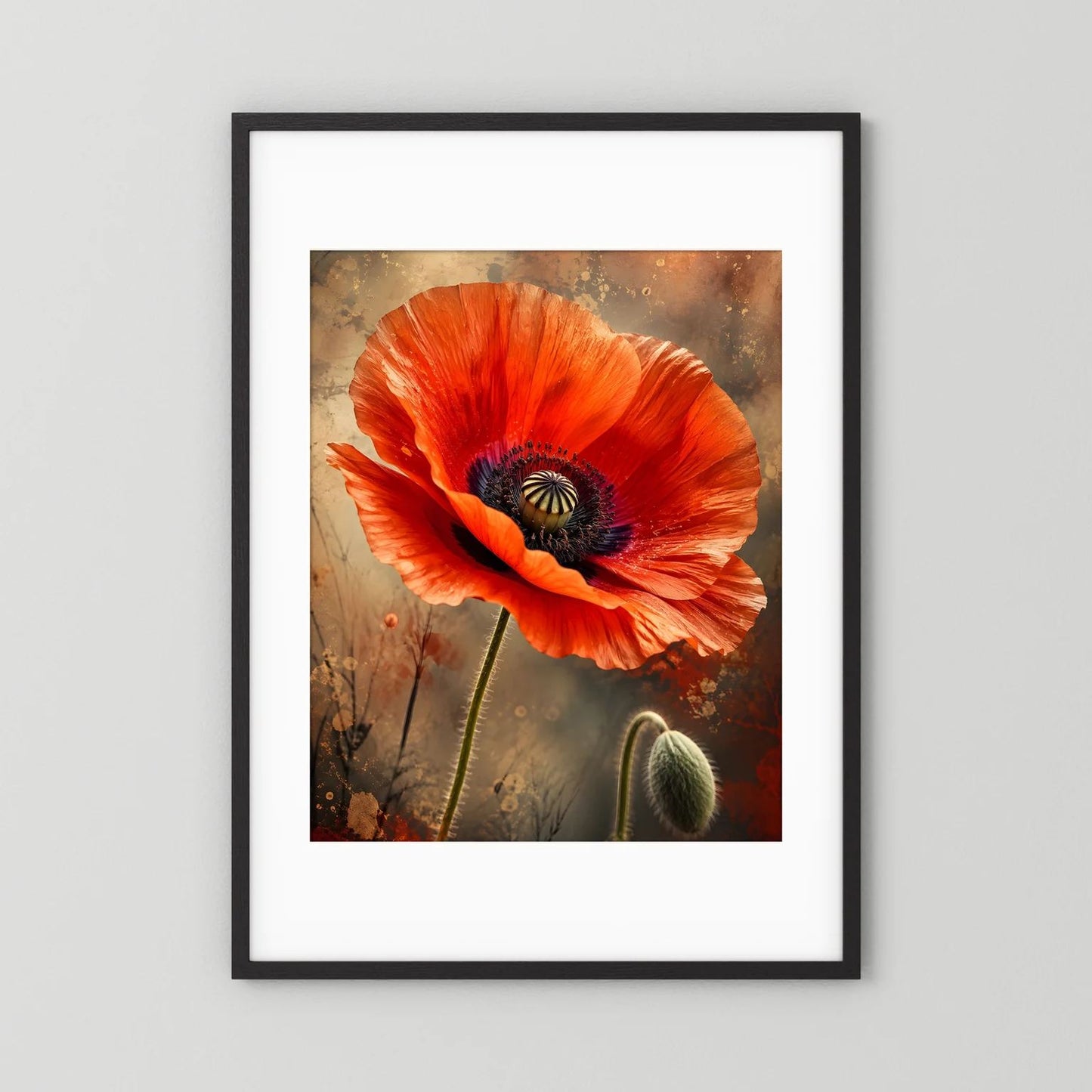 Mohnblumen-Poster mit roter Mohnblüte, breiter weißer Passepartout und schwarzer Rahmenleiste