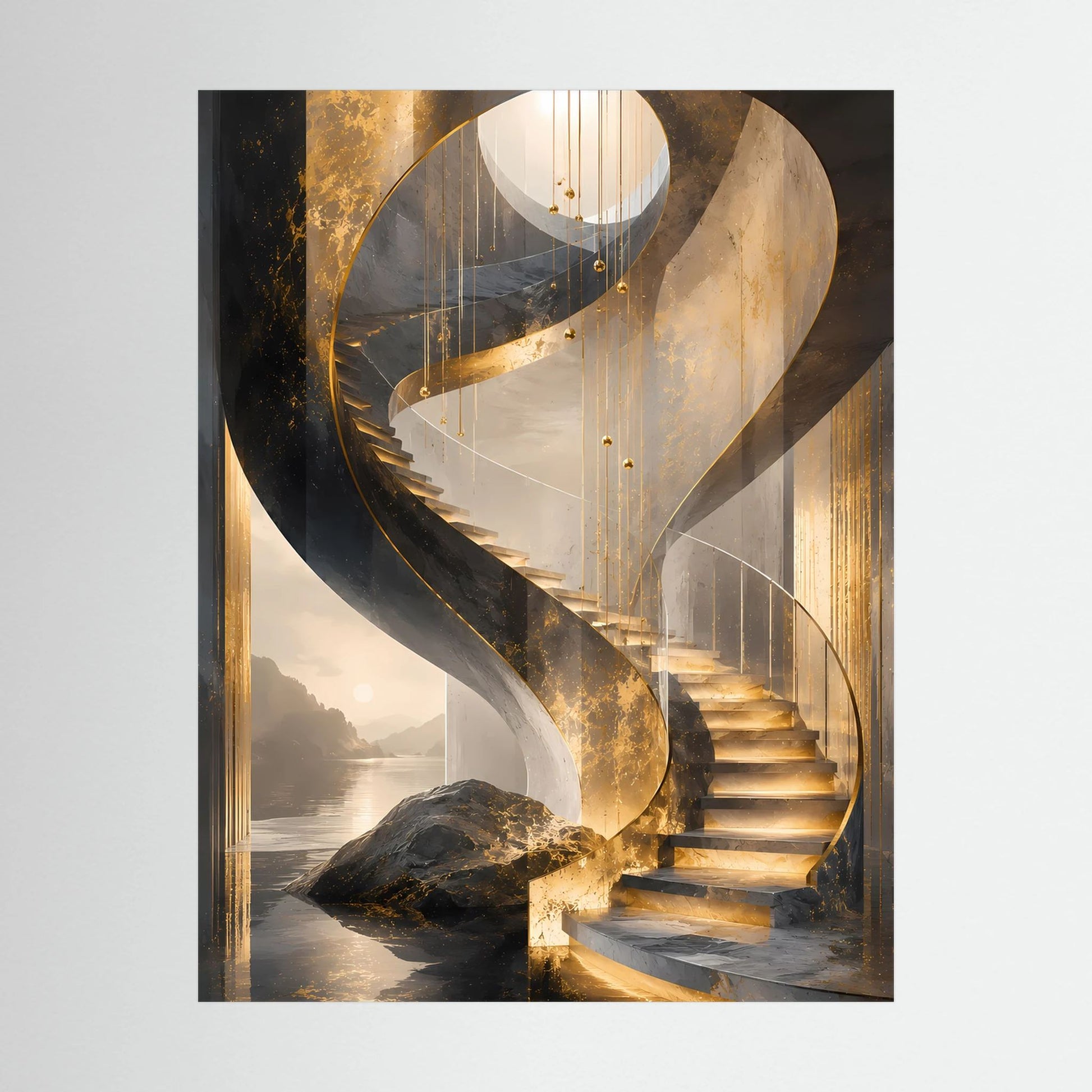 Nahansicht: gerahmtes Poster mit goldener Wendeltreppe, Lichtbögen und Stufen im Motiv