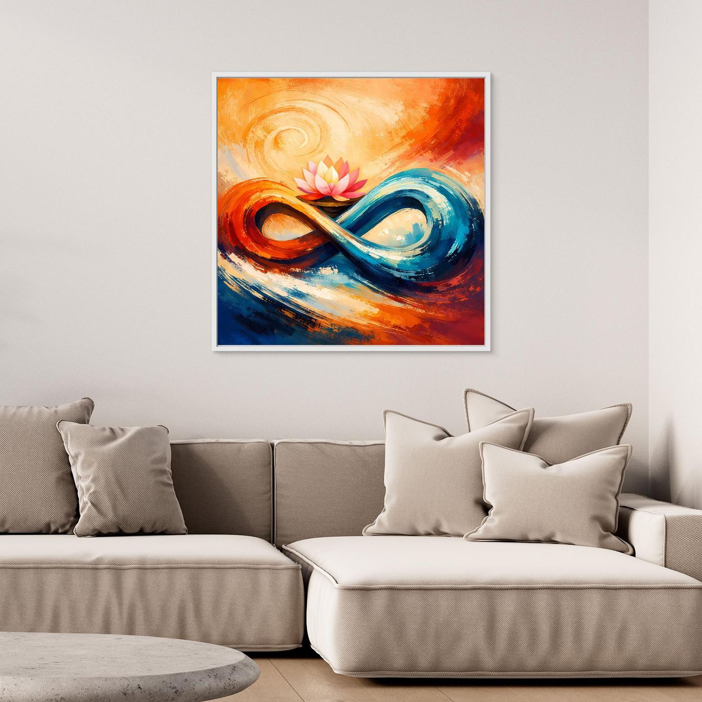 Gerahmtes Leinwandbild mit Unendlichkeitsform und Lotusblüte in Orange, Blau und Pink