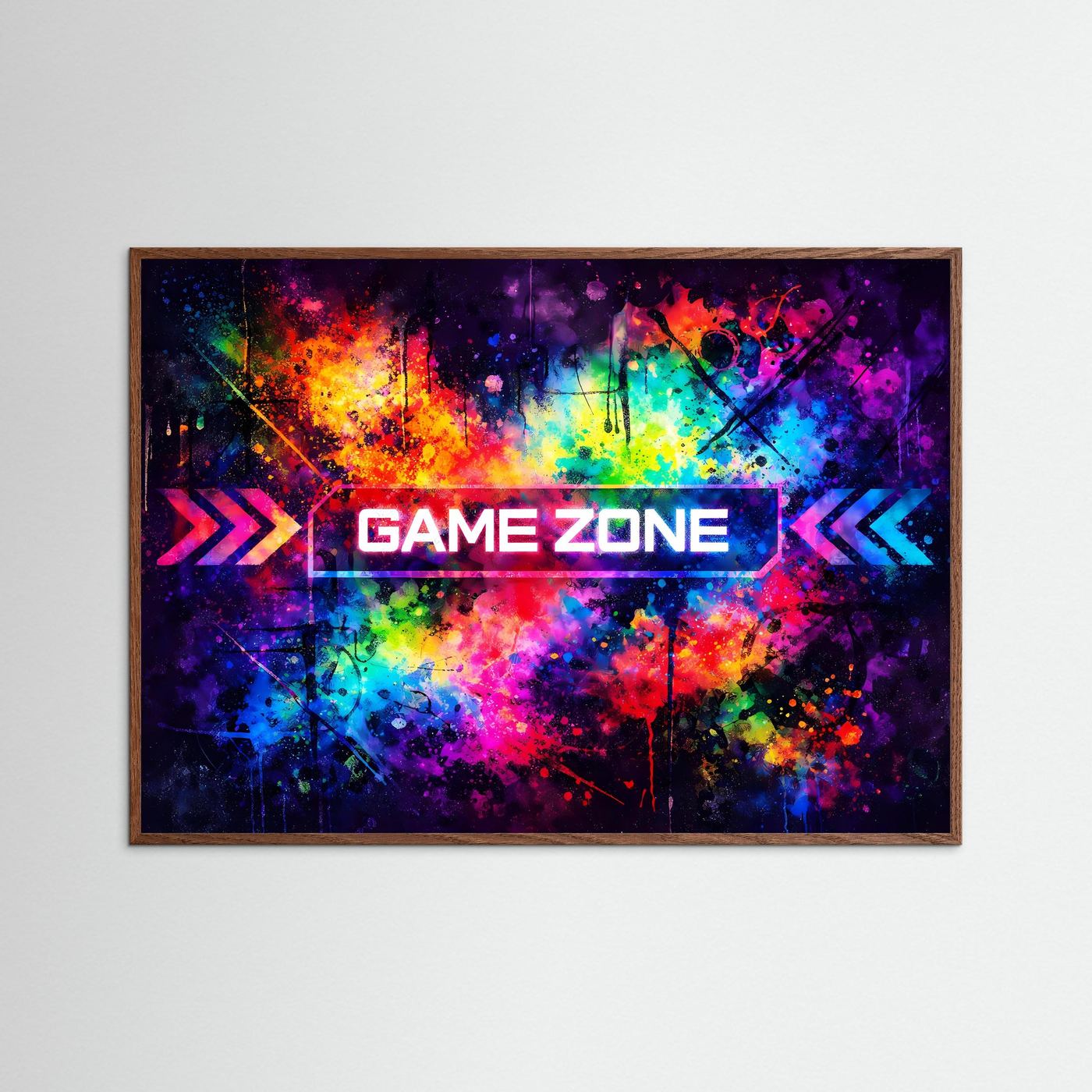 Pop-Art-Poster „Game Zone“ mit bunten Farbspritzern und Pfeilen, mit dunklem Holzrahmen