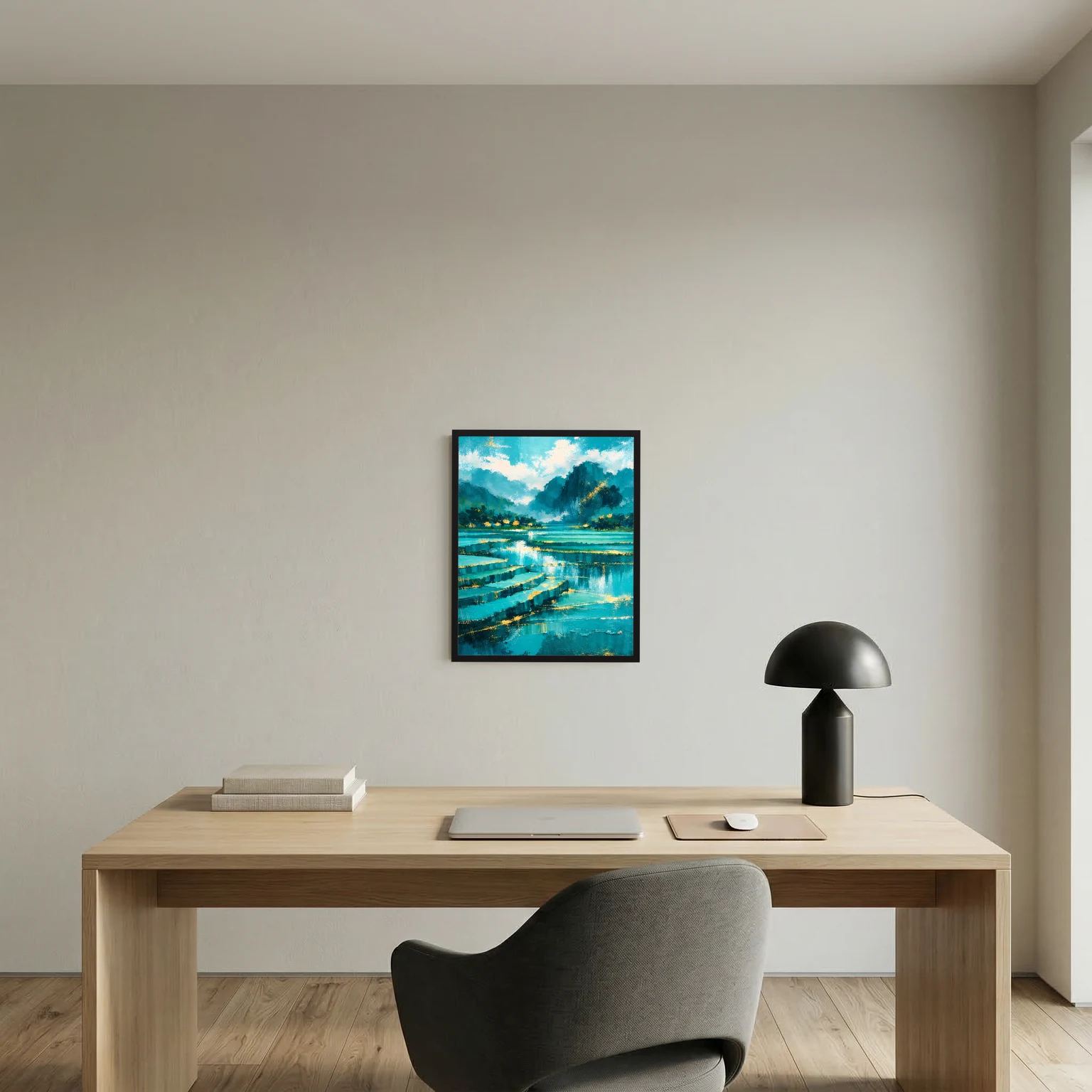 Abstraktes Landschaftsbild: Flussufer und Berge in Türkis-Blau, im schwarzen Rahmen