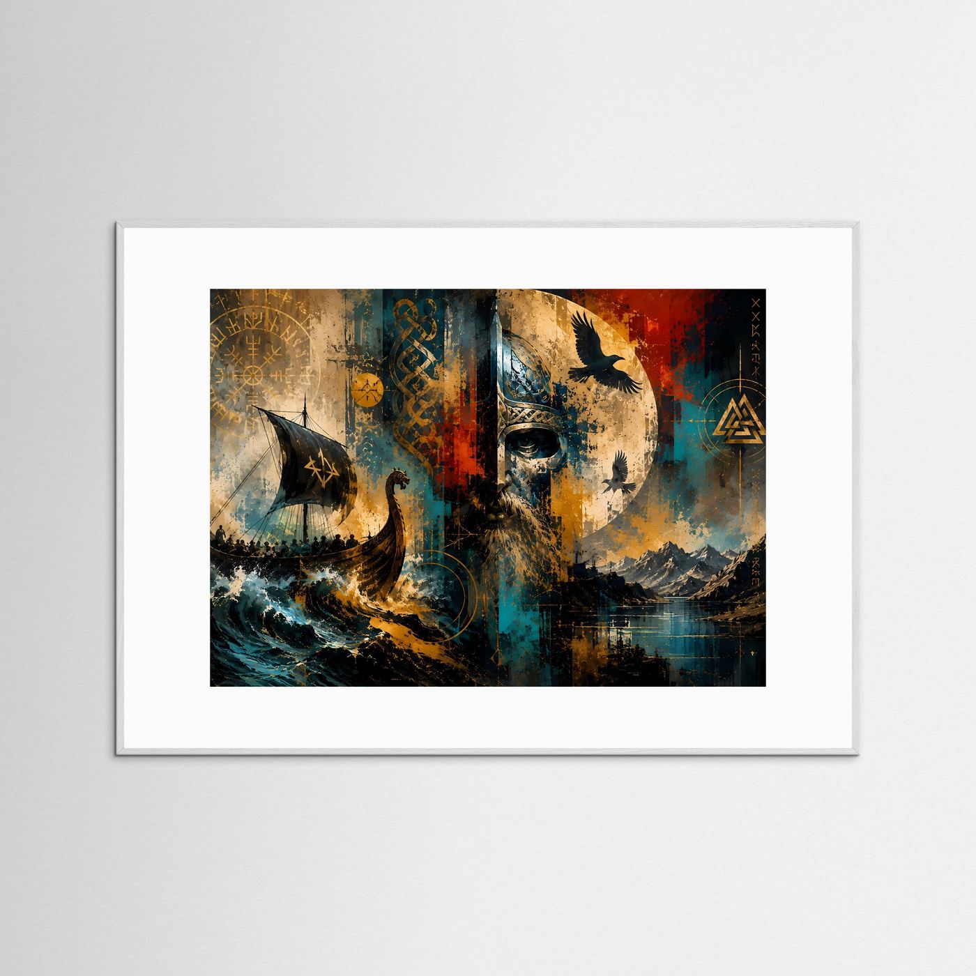 Wikinger Wandbild | Nordische Mythologie Kunst | Viking Langschiff & Krieger | Abstraktes Odin Poster | Skandinavische Premium Wanddekoration
