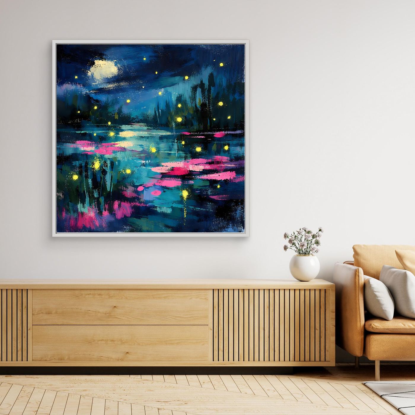 White-framed canvas wall art: abstract moonlit lake, glowing fireflies, water lilies