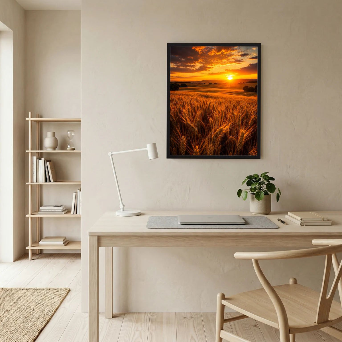 Wandposter mit goldenem Weizenfeld und Sonnenuntergang im schwarzen Rahmen, hochkant