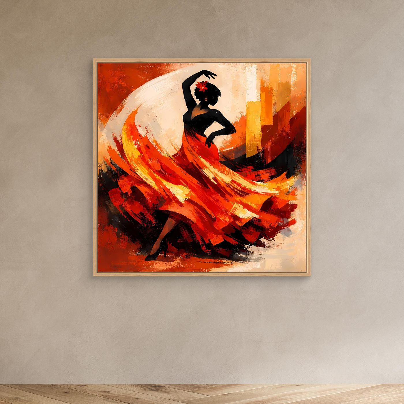 Leinwandbild Flamenco-Tänzerin mit Holzrahmen, rote Farbstriche