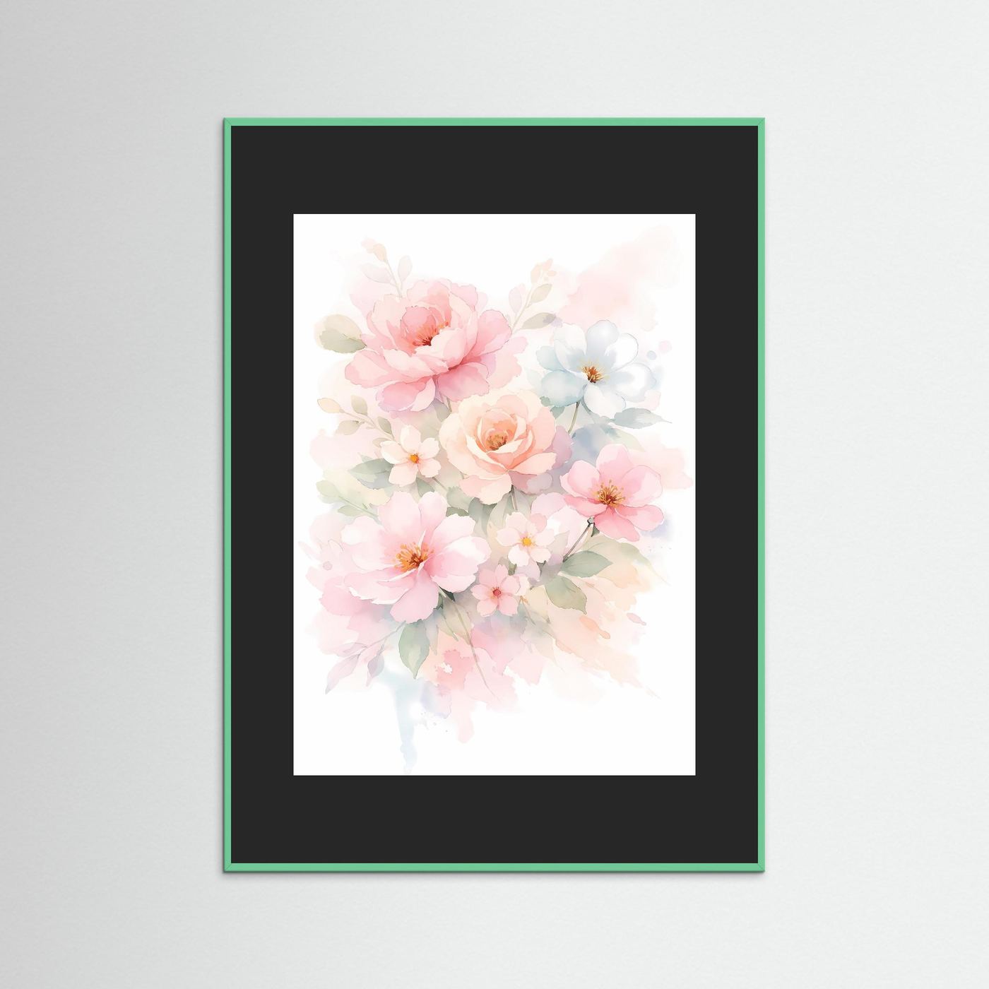 Wandbild mit Blumenbouquet im Aquarellstil, dunkelgrüner Rahmen und weißer Bildausschnitt